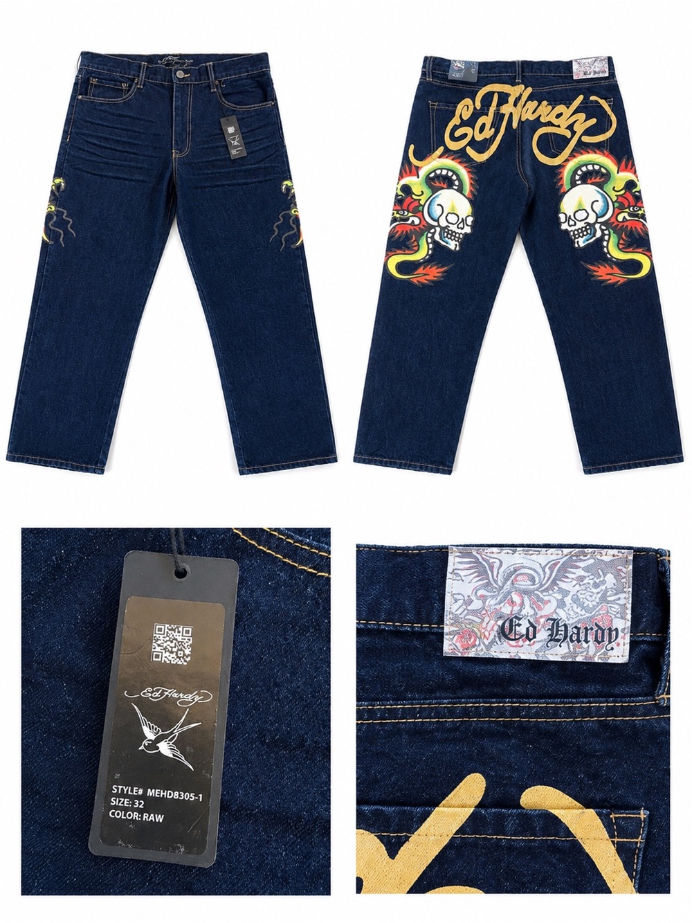 NWT Vintage Ed Hardy MEHD8305-1 Raw Denim Jeans Size 32 Skull Dragon Y2K Rare